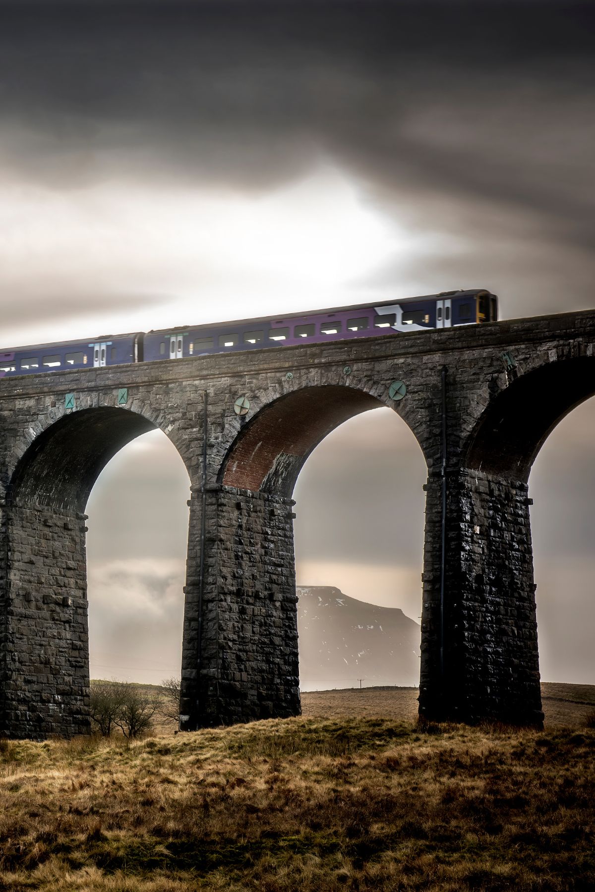 Train going over the Ribblehead viaduct in the Yorkshire Dales National Park